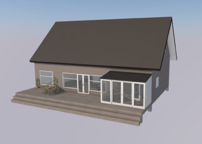 Omakotitalon 3D -mallinnuskuva visualisoi talon etelänpuoleista julkisivua ja isoa terassia, jossa pienempi kiinteä lasitettu terassi toimii myös kasvihuoneena.