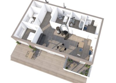 Omakotitalon 3D -mallinnuskuva visualisoi talon pohjaratkaisua ja huonejakoja.